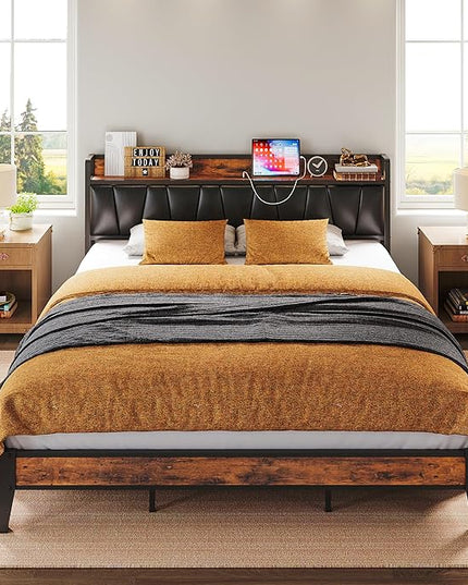 LIKIMIO California King Bed Frame, Storage Headboard with Charging Station, Solid and Stable, Noise Free, No Box Spring Needed, Easy Assembly (Vintage and Black) - LeafyLoom