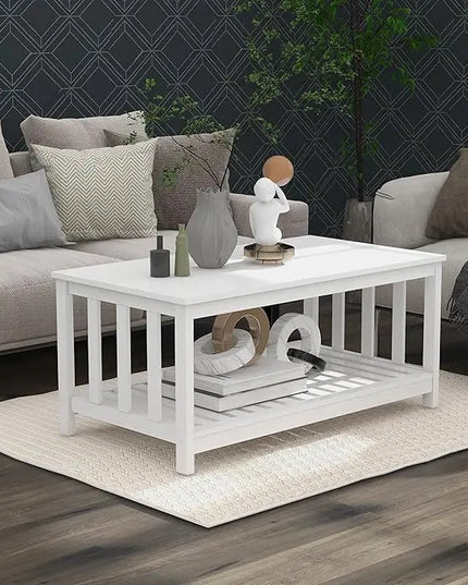 TaoHFE White Modern Coffee Table with Storage Shelf 2-Tier Living Room Table Rectangular Center Table 40 Inch Wooden Coffee Tables for Living Room Furniture for Living Room, Meeting Room, Office - LeafyLoom
