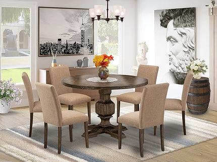 East West Furniture I3AB7-747 Irving 7 Piece Modern Dining Set Consist of a Round Wooden Table with Pedestal and 6 Light Sable Linen Fabric Parson Chairs, 48x48 Inch - LeafyLoom