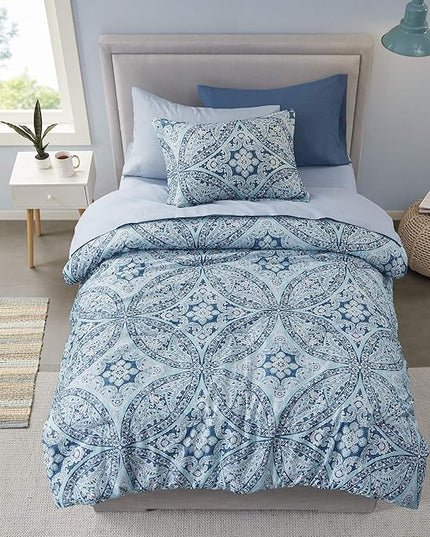 Comfort Spaces Bed in A Bag - Trendy Casual Design Cozy Comforter with Complete Sheet Set with Side Pocket, All Season Cover, Matching Shams, Twin XL(66 in x 90 in), Gloria, Damask Blue 6 Piece - LeafyLoom