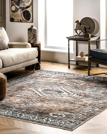 nuLOOM 8x10 Machine Washable Rain Haven Vintage Medallion Area Rug, Rust, Traditional Faded Design, Non-Slip Backing, Stain Resistant, For Bedroom, Dining Room, Living Room, Kitchen - LeafyLoom