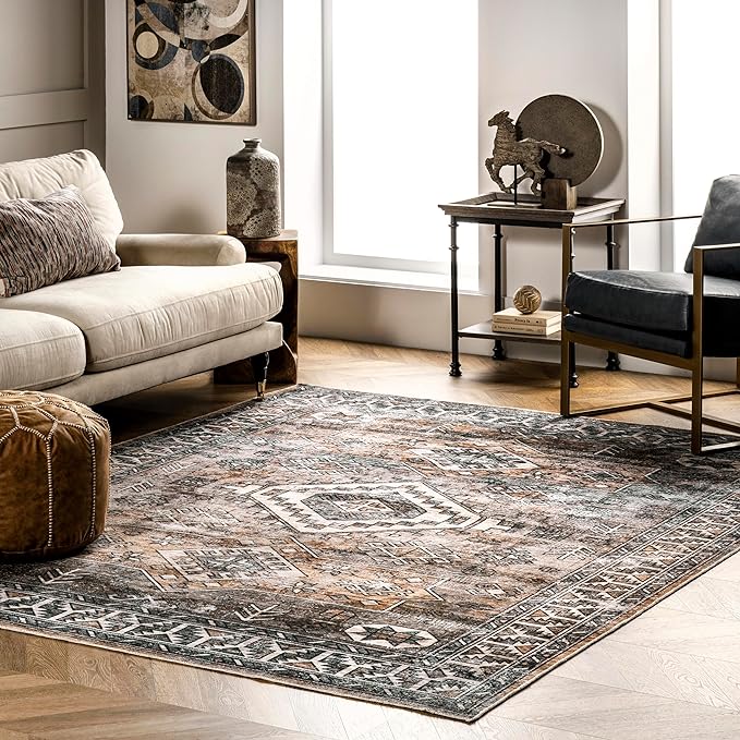 nuLOOM 8x10 Machine Washable Rain Haven Vintage Medallion Area Rug, Rust, Traditional Faded Design, Non-Slip Backing, Stain Resistant, For Bedroom, Dining Room, Living Room, Kitchen - LeafyLoom