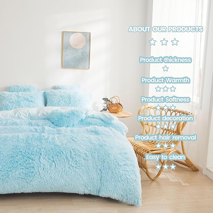 Fluffy Blue Comforter Cover Set Queen - Ultra Soft Plush Blue Bedding Sets 3 Pieces (1 Faux Fur Duvet Cover + 2 Faux Fur Pillow case) Blue Bed Set Queen (Blue, Queen) - LeafyLoom