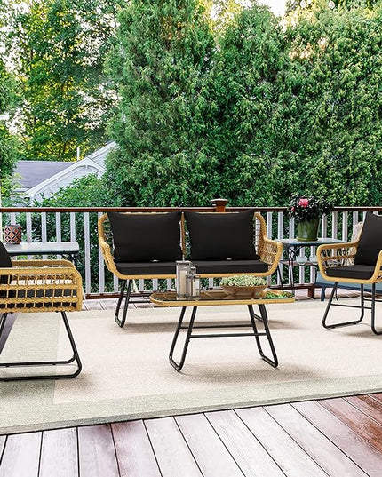 YITAHOME 4-Piece Patio Furniture Wicker Outdoor Bistro Set, All-Weather Rattan Conversation Loveseat Chairs for Backyard, Balcony and Deck with Soft Cushions and Metal Table (Light Brown+black) - LeafyLoom