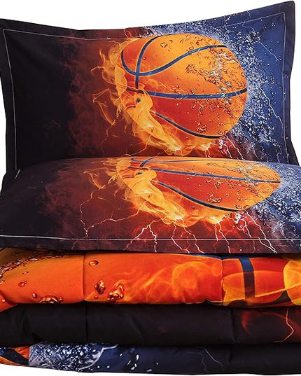 Btargot Twin Basketball and Fire Quilt Set Bedding Sets, 3D Sports Themed Bedding, All-Season Reversible Quilted Duvet, for Children Boy Girl Teen Kids - includes 1 Comforter, 2 Pillow Sham - LeafyLoom