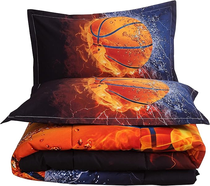 Btargot Twin Basketball and Fire Quilt Set Bedding Sets, 3D Sports Themed Bedding, All-Season Reversible Quilted Duvet, for Children Boy Girl Teen Kids - includes 1 Comforter, 2 Pillow Sham - LeafyLoom