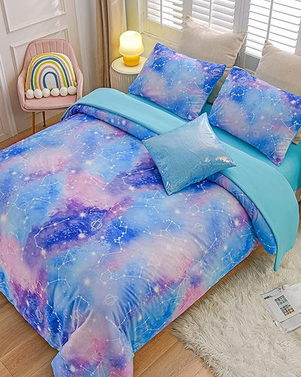 Btargot Lightweight Microfiber 6 Piece Comforter Set, Tie Dye Galaxy Constellation Pattern Bedding Set for Boys Girls Teen, Queen Blue Purple - LeafyLoom