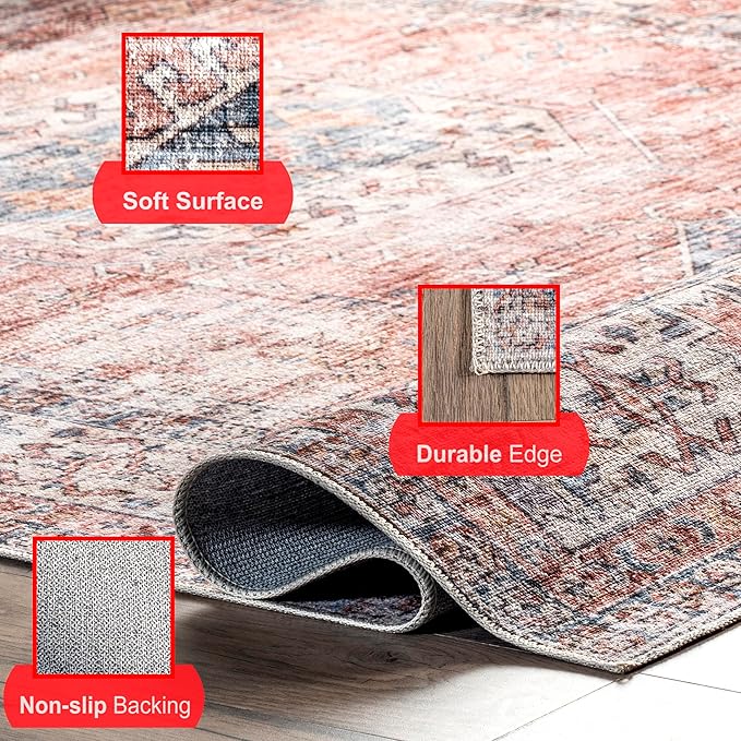 nuLOOM Desna Machine Washable Faded Vintage Ultra Thin Area Rug, 4' x 6', Peach - LeafyLoom