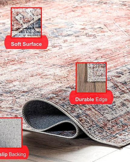 nuLOOM Desna Machine Washable Faded Vintage Ultra Thin Area Rug, 3' x 5', Peach - LeafyLoom