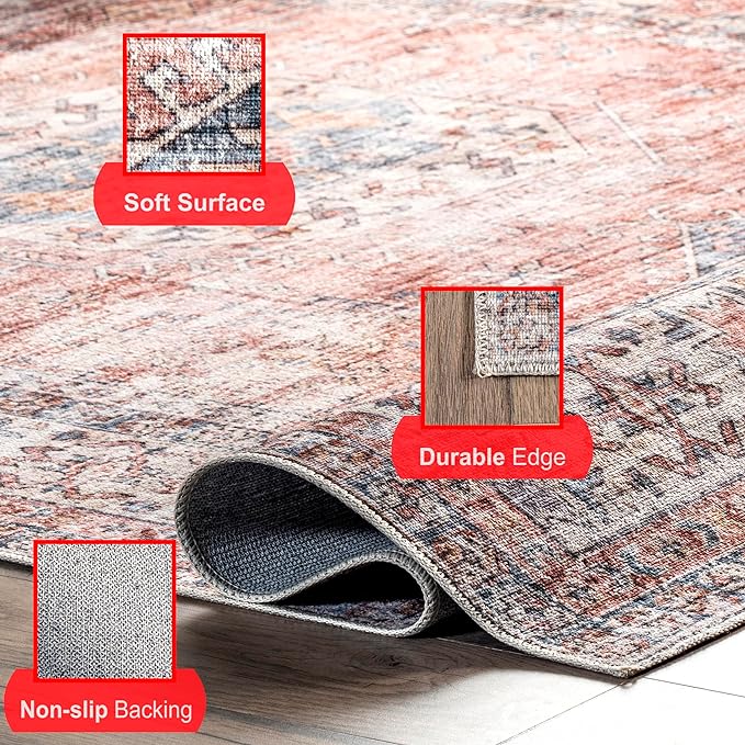nuLOOM Desna Machine Washable Faded Vintage Ultra Thin Area Rug, 3' x 5', Peach - LeafyLoom