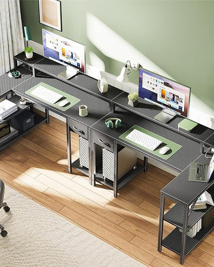 SUPERJARE 47 inch Reversible L Shaped Desk with LED Lights & Power Outlets, Computer Desk with Shelves & Monitor Stand, Gaming Desk with Drawer, Home Office Desk Corner Desk, Carbon Fiber Black - LeafyLoom