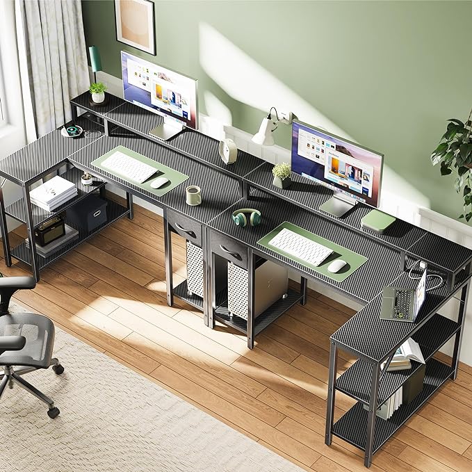 SUPERJARE 47 inch Reversible L Shaped Desk with LED Lights & Power Outlets, Computer Desk with Shelves & Monitor Stand, Gaming Desk with Drawer, Home Office Desk Corner Desk, Carbon Fiber Black - LeafyLoom