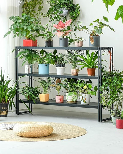 HCHQHS Bookshelf, 3-Tier Industrial Bookcase, Black Open Book Shelf, Freestanding Horizontal Bookshelves with Metal Frame - LeafyLoom