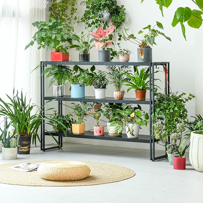 HCHQHS Bookshelf, 3-Tier Industrial Bookcase, Black Open Book Shelf, Freestanding Horizontal Bookshelves with Metal Frame - LeafyLoom