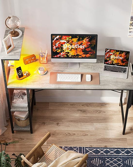 Bestier Gaming Desk with LED Lights, Computer Desk with 4 Tiers Reversible Shelves, 51.3 Inch Home Office Writing Desk with Side Storage Bag, Hooks and Height Adjustable Shelf (Retro Grey Oak) - LeafyLoom