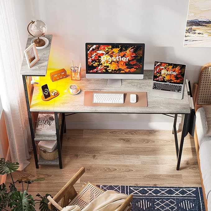Bestier Gaming Desk with LED Lights, Computer Desk with 4 Tiers Reversible Shelves, 51.3 Inch Home Office Writing Desk with Side Storage Bag, Hooks and Height Adjustable Shelf (Retro Grey Oak) - LeafyLoom