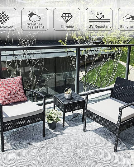 3 Pieces Patio Furniture Set, Balcony Furniture, Patio Bistro Set All-Weather Wicker Chairs Conversation Set with Cushions Table for Outdoor Backyard Porch Lawn (Black-Grey) - LeafyLoom