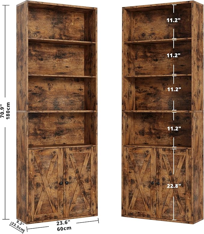 IRONCK Industrial Bookshelves and Bookcases with Doors Set of 2 Floor Standing 6 Shelf Display Storage Shelves 70 in Tall Bookcase for Home Office, Living Room - LeafyLoom