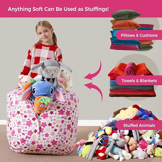 Aubliss Stuffed Animal Bean Bag Storage Chair (Pink Star, Medium (32'')) - LeafyLoom