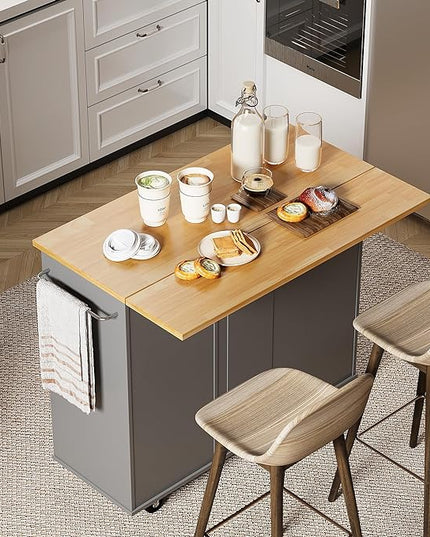Shintenchi Rolling Kitchen Island Cart with Folding Drop Leaf Breakfast Bar, Portable Trolley Island with Large Storage Cabinet, Shelf and Drawer, Gray - LeafyLoom