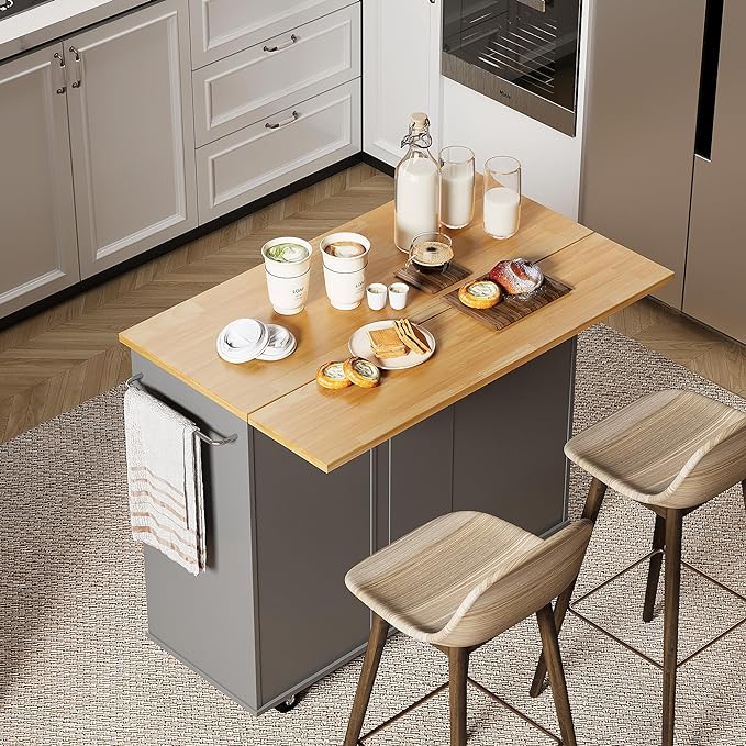 Shintenchi Rolling Kitchen Island Cart with Folding Drop Leaf Breakfast Bar, Portable Trolley Island with Large Storage Cabinet, Shelf and Drawer, Gray - LeafyLoom