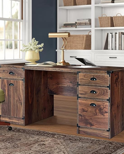 Modern Executive Desk, 59" Vintage Farmhouse Study Writing Desk with Storage Drawers, Industrial Wood Computer Manager's Desk with Knee Space for Home Office, Walnut - LeafyLoom
