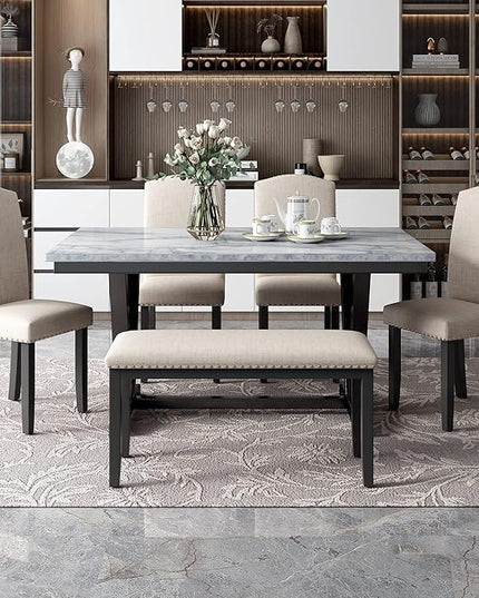 Modern Style 4 Chairs & 1 Bench, Marbled Veneers Tabletop and V-Shaped Legs, Living Room, and Kitchen, 6 Piece Dining Table Set, White 29 - LeafyLoom