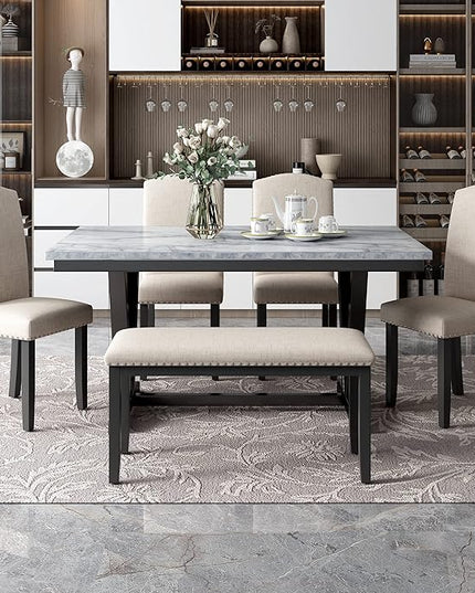 Modern Dining Table Set for 6 with 4 Chairs & 1 Bench,Marbled Veneers Tabletop for Kitchen Furniture, White - LeafyLoom