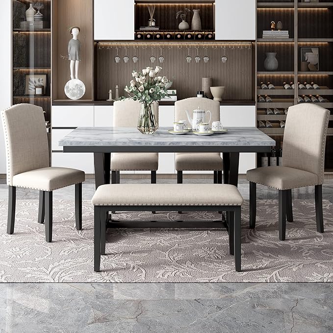 Modern Dining Table Set for 6 with 4 Chairs & 1 Bench,Marbled Veneers Tabletop for Kitchen Furniture, White - LeafyLoom