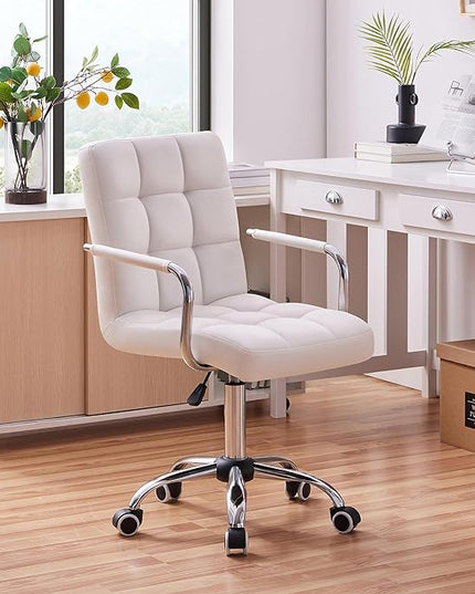 Yaheetech White Desk Chairs with Wheels/Armrests Modern PU Leather Office Chair Midback Adjustable Home Computer Executive Chair 360° Swivel - LeafyLoom