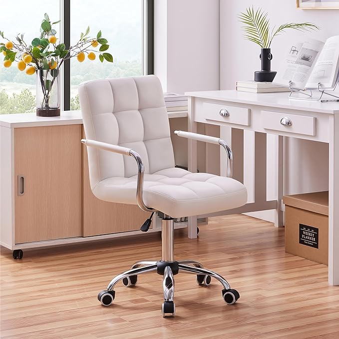 Yaheetech White Desk Chairs with Wheels/Armrests Modern PU Leather Office Chair Midback Adjustable Home Computer Executive Chair 360° Swivel - LeafyLoom