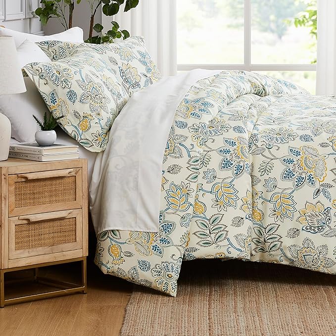 Southshore Fine Living, Inc. Wanderlust Oversized Twin Comforter Set, Down Alternative Boho Bedspread, Victorian Print Comforter, Twin or Twin XL Comforter with Matching Sham, Cream Floral Print - LeafyLoom