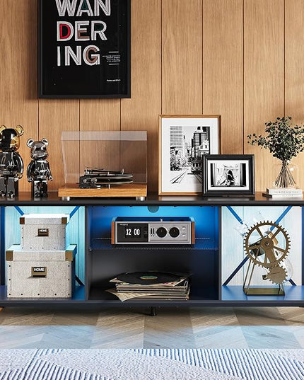 WLIVE TV Stand up to 65 Inch TV, 55" Entertainment Center with LED, Industrial TV Console with Glass Shelf for Living Room and Bedroom, Black - LeafyLoom