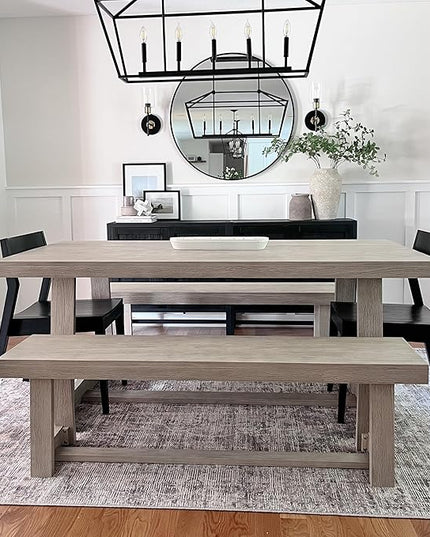 Plank+Beam 72 Inch Farmhouse Dining Table, Solid Wood Rustic Kitchen Table, Large Wooden Rectangular Dinner Table for Dining Room, Home Office, Living Room Furniture, Easy Assembly, Seashell Wirebrush - LeafyLoom