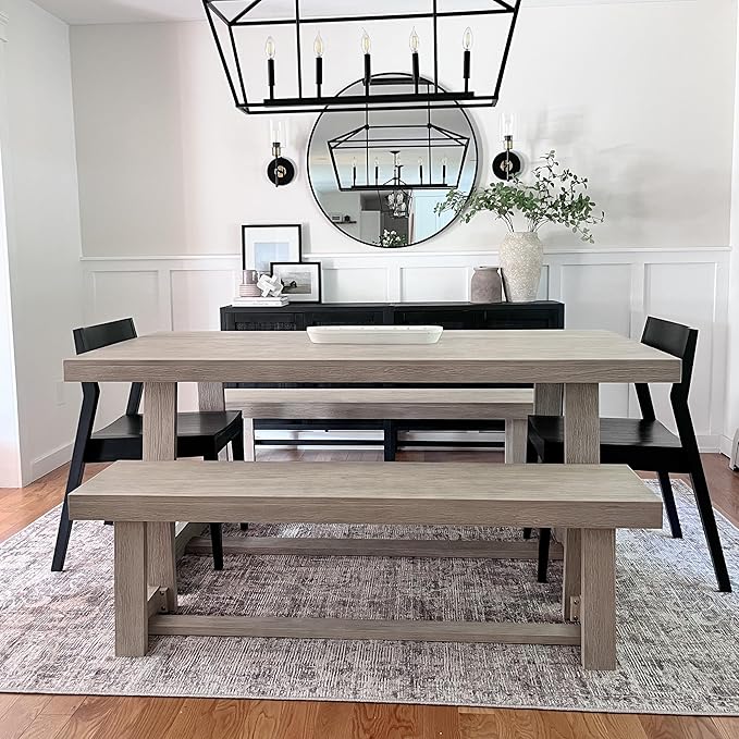 Plank+Beam 72 Inch Farmhouse Dining Table, Solid Wood Rustic Kitchen Table, Large Wooden Rectangular Dinner Table for Dining Room, Home Office, Living Room Furniture, Easy Assembly, Seashell Wirebrush - LeafyLoom