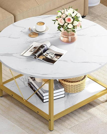YITAHOME Round Coffee Table,Rustic Wood Coffee Tables for Living Room with Storage Shelf, Modern Farmhouse Circle Coffee Table Center with Sturdy Metal Legs Home Furniture, Gold and White - LeafyLoom