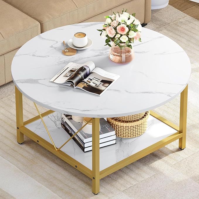 YITAHOME Round Coffee Table,Rustic Wood Coffee Tables for Living Room with Storage Shelf, Modern Farmhouse Circle Coffee Table Center with Sturdy Metal Legs Home Furniture, Gold and White - LeafyLoom