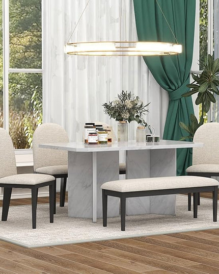 6-Piece Modern Style Dining Faux Marble Table and 4 Upholstered Chairs & 1 Bench, Restaurant Set for Kitchen, Home Bar, Diningroom, Living Room Furniture, Beige+White - LeafyLoom
