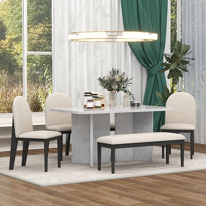 6-Piece Modern Style Dining Faux Marble Table and 4 Upholstered Chairs & 1 Bench, Restaurant Set for Kitchen, Home Bar, Diningroom, Living Room Furniture, Beige+White - LeafyLoom