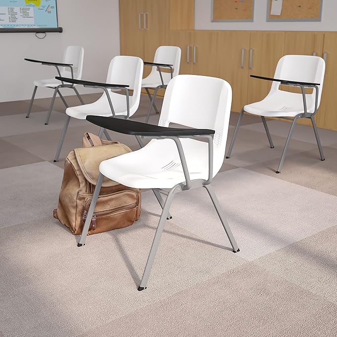 Flash Furniture HERCULES 5 Pack White Ergonomic Shell Chair with Left Handed Flip-Up Tablet Arm - LeafyLoom