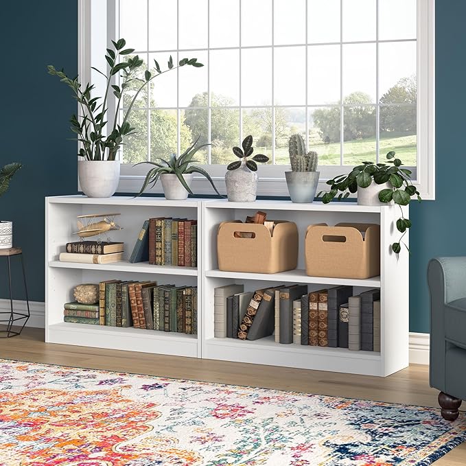 Bush Furniture Universal Small 2 Shelf Bookcase in White - Set of 2, Matching Storage and Display Bookshelves for Home Office or Living Room Organization - LeafyLoom