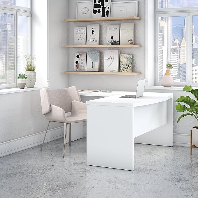 Bush Business Furniture Echo L Shaped Bow Front Desk in Pure White - LeafyLoom
