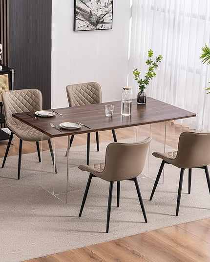 YOUTASTE Khaki Dining Chairs Set of 2 Mid Century Modern PU Leather Diamond Upholstered Accent Guest Dinner Chair with Back Metal Legs for Kitchen Living Reception Waiting Room - LeafyLoom