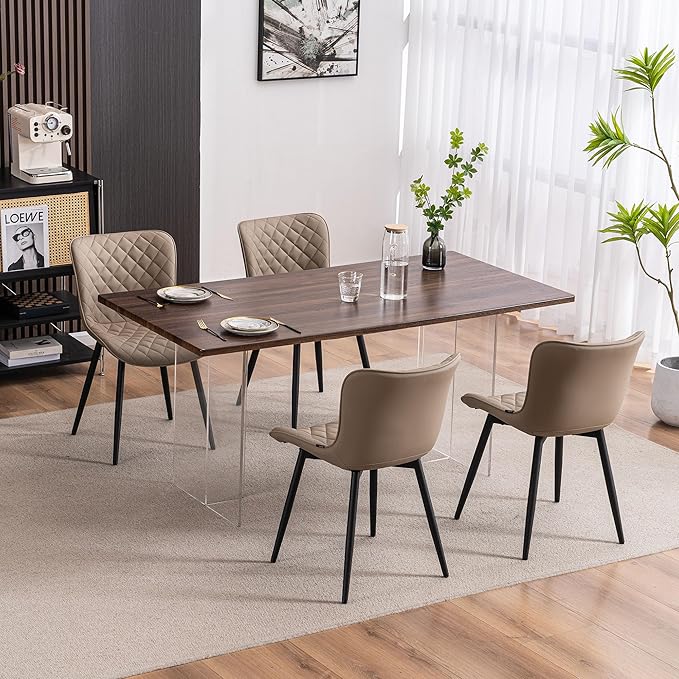 YOUTASTE Khaki Dining Chairs Set of 2 Mid Century Modern PU Leather Diamond Upholstered Accent Guest Dinner Chair with Back Metal Legs for Kitchen Living Reception Waiting Room - LeafyLoom