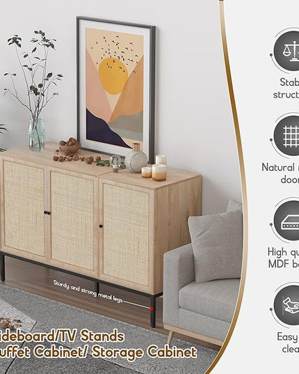 Sideboard Buffet Cabinet with Handmade Natural Decorated Doors, Buffet Cabinet Rattan Cabinet, Sideboard Cabinet with Metal Legs for Living Room, Hallway, Entryway Natural 3 Doors - LeafyLoom