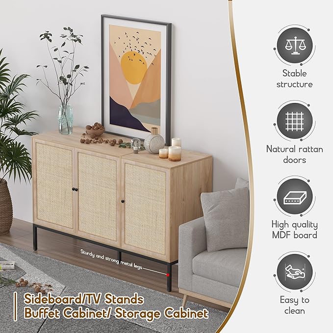 Sideboard Buffet Cabinet with Handmade Natural Decorated Doors, Buffet Cabinet Rattan Cabinet, Sideboard Cabinet with Metal Legs for Living Room, Hallway, Entryway Natural 3 Doors - LeafyLoom