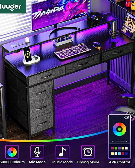 Gaming Desk with 6 Drawers, Computer Desk with LED Lights Power Outlets and Type-C, 47 Inch Office Desk with Storage, Monitor Stand, Writing Desk Work Desk Home Office, Bedroom, Study, Black - LeafyLoom