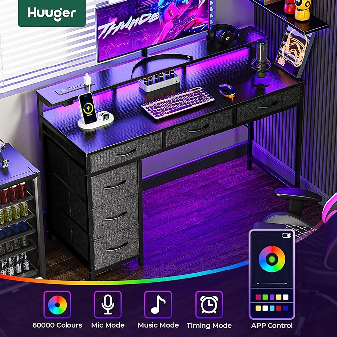 Gaming Desk with 6 Drawers, Computer Desk with LED Lights Power Outlets and Type-C, 47 Inch Office Desk with Storage, Monitor Stand, Writing Desk Work Desk Home Office, Bedroom, Study, Black - LeafyLoom