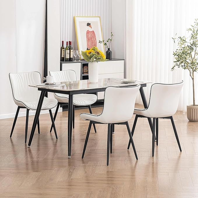 YOUTASTE White Dining Chairs Set of 2 Upholstered Mid Century Modern Kitchen Dining Room Chairs Armless Faux Leather Accent Chairs Metal Vanity Lounge Chair with Back for Living Room Bedrooms - LeafyLoom
