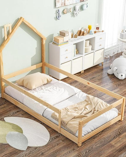 Bellemave Twin Size House-Shaped Headboard Floor Bed with Fence,Wooden Montessori Floor Bed for Kids,House Bed Twin Frame for Girls,Boys (Natural) - LeafyLoom